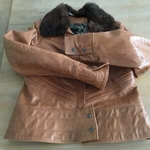 Just Cavalli Tan Leather Jacket with detachable Dark Fur Collar